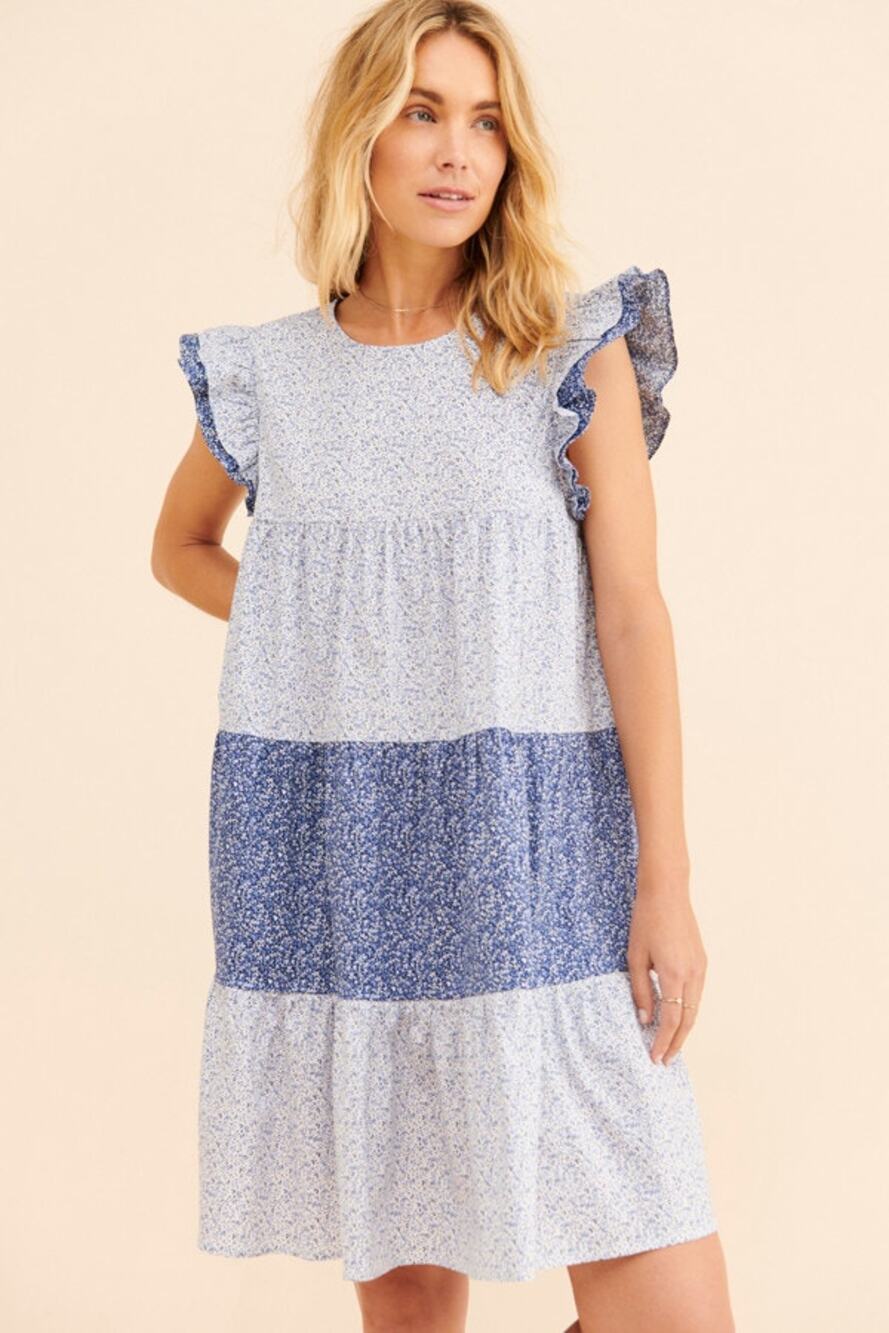 English Factory NWT Blue White Floral Ruffle Tiered Mini Dress Size XS